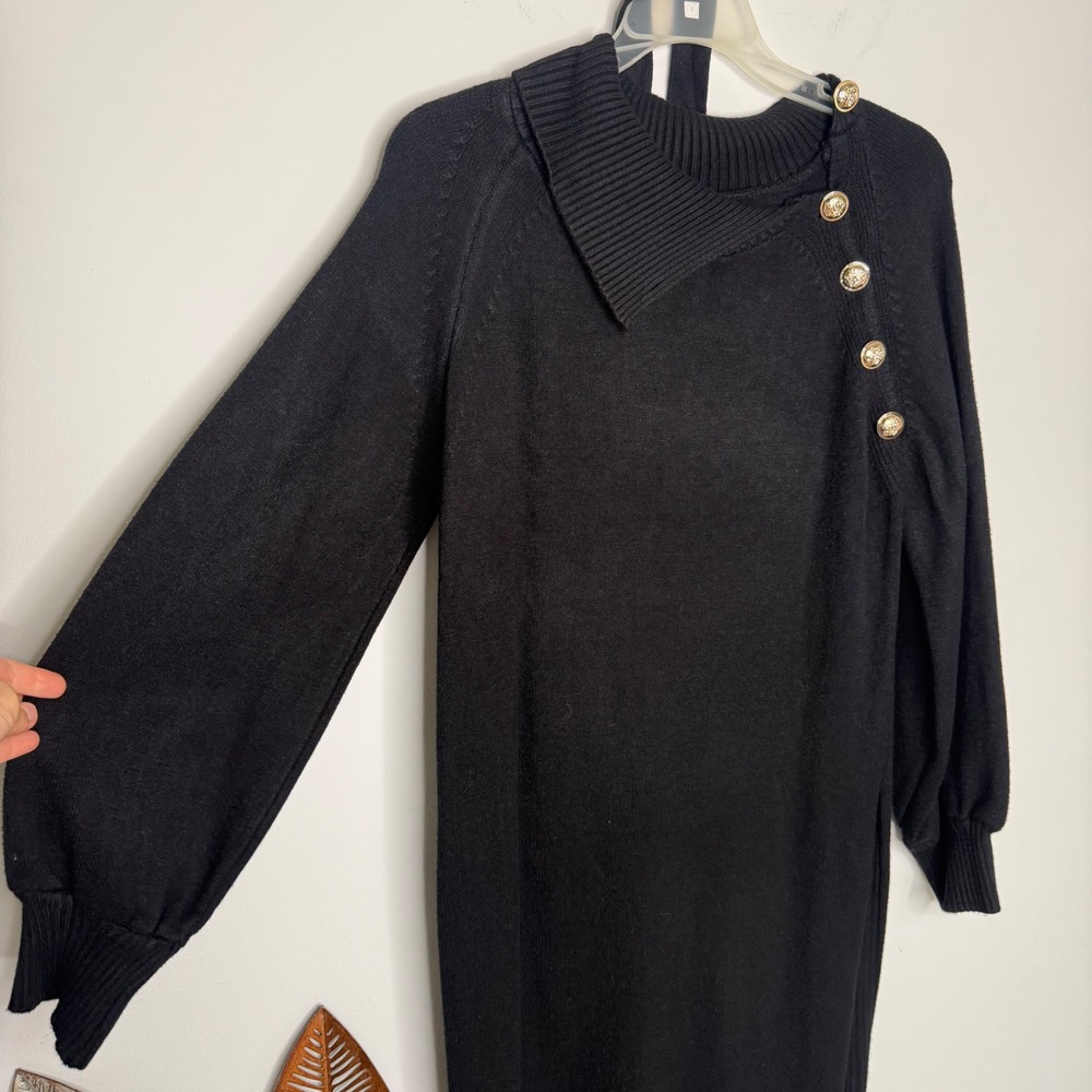 Black Turtleneck Knit Sweater Dress Gold Button Lantern Sleeve Belted Small Midi - Picture 8 of 11